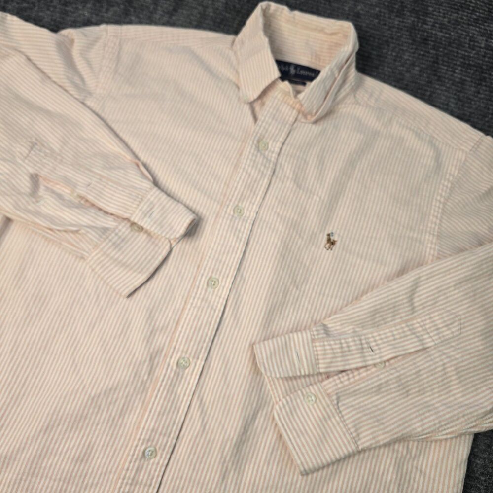 Polo Ralph Lauren Shirt Men 16 32 Salmon Striped Flesh Pony Long Sleeve VTG READ